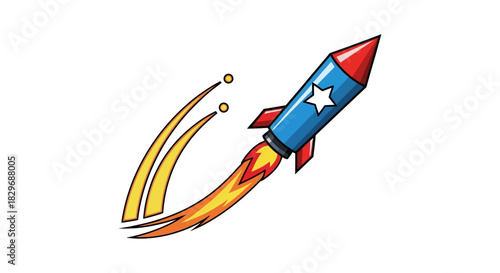 Cartoon Rocket Launching with Flames and Star.