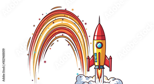 Cartoon Rocket Launching with Fiery Exhaust Trail.