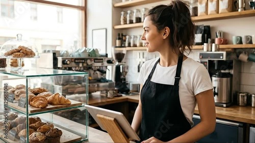 Smiling young woman in apron working at a cozy cafe counter with fresh pastries, managing orders on a tablet in a warm, inviting bakery setting.