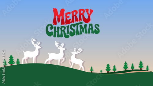 Merry christmas greeting with reindeer on a hill