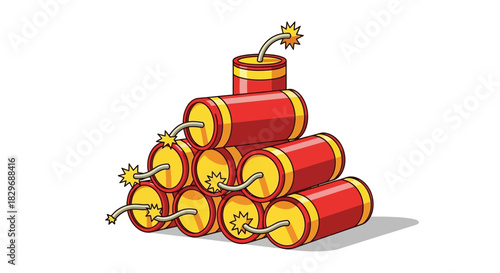 Pile of red dynamite sticks ready to explode with lit fuses.