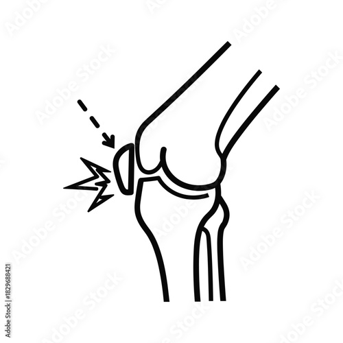 Knee pain icon with patella injury symbol, leg joint discomfort illustration on isolated background