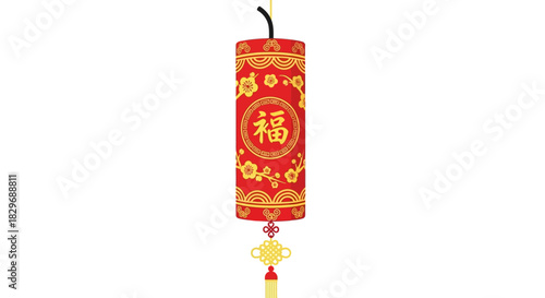 Red Chinese firecracker decoration with good luck symbol isolated on white.