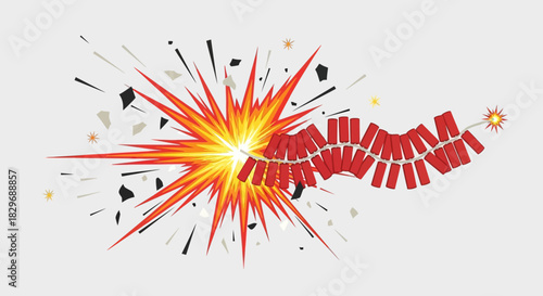 Exploding Firecracker String with Bright Flash and Debris.