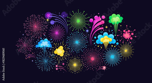 Colorful fireworks display exploding in the night sky creating a festive atmosphere.