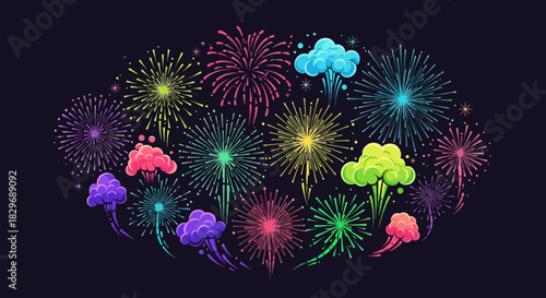Vibrant Fireworks Display with Colorful Smoke Clouds on Dark Background.