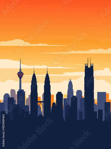 Vibrant modern cityscape silhouette at dawn or dusk, showcasing towering skyscrapers against a gradient sky with soft clouds, capturing urban energy and architectural beauty