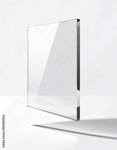 Clear rectangular sheet of glass, angled view.  Elevated, modern presentation