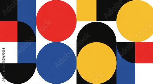 Abstract geometric artwork featuring bold primary colors and contrasting shapes in a modern design