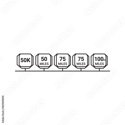 Endurance sport milestone badges with various distances 50k, 50, 75, 100 miles achievement icons