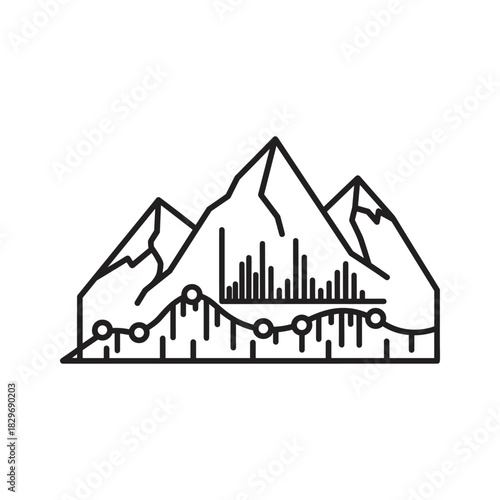 Abstract mountain range with a financial data graph, symbolizing market volatility, business challenges, and growth