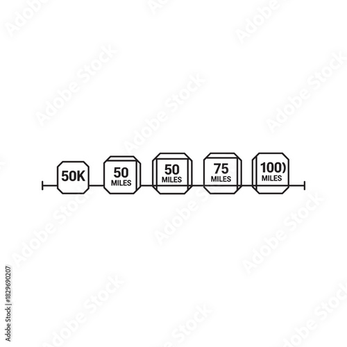 Infographic vector illustration of marathon or ultra-marathon distance markers in miles and kilometers for progress.