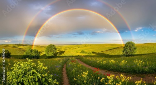 Fototapeta Naklejka Na Ścianę i Meble -  Scenic landscape of a meadow with a dirt path and a double rainbow