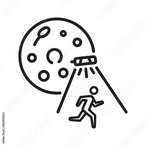 Ufo abduction icon with running person escaping an alien spaceship beam, extraterrestrial encounter concept vector