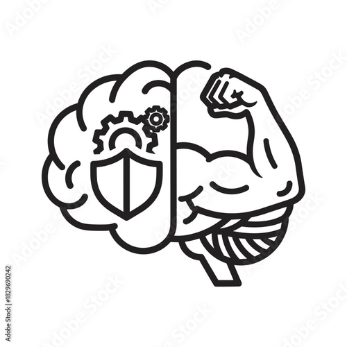 Mind and body strength concept line icon with brain, gear, shield, and flexing bicep illustration