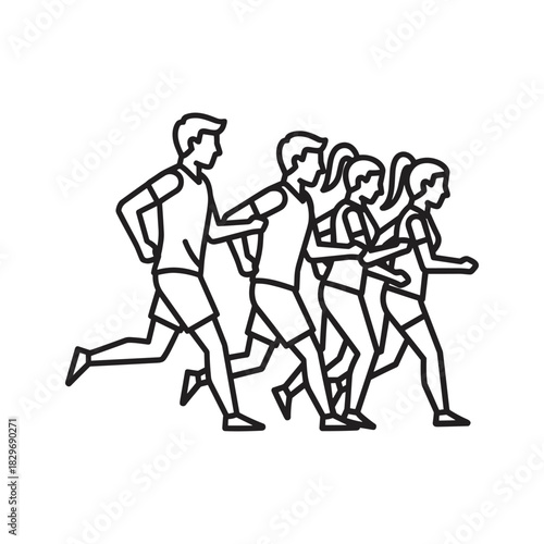 Outline icon of diverse group of men and women running in a marathon race, symbolizing fitness and competition.
