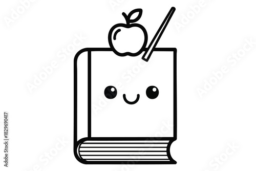Smiling Book with Apple and Pencil