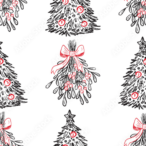 Hand drawn festive seamless pattern of Christmas trees and mistletoe. Vector sketch illustration in vintage crayon charcoal style. Perfect for seasonal decoration, packaging, textile