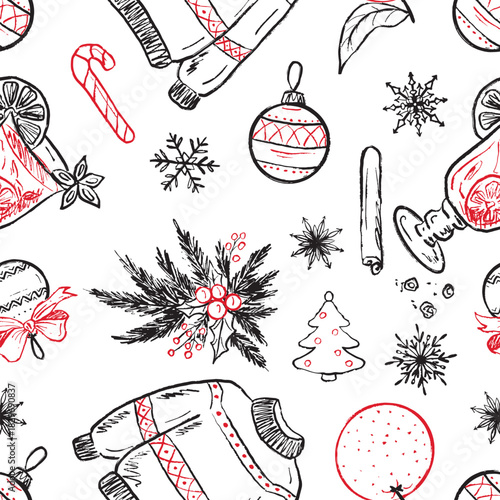 Hand drawn Christmas seamless pattern. Holiday knitted sweater, ornaments, candy cane, mulled wine, Christmas tree decorations. Vector sketch illustration in vintage crayon charcoal style