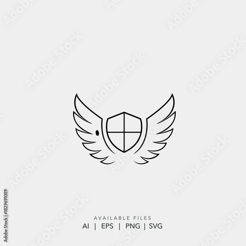 Shield with wings logo vector icon, modern line art security and protection emblem design illustration.