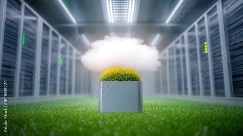 Cloud Data Center: A striking conceptual depiction of a data center, with a pristine cloud formation hovering over a patch of lush greenery, symbolizing the fusion of technology and sustainability.