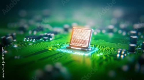Microchip Technology: An abstract macro shot of a single microchip on a motherboard showcases the core of modern technology.