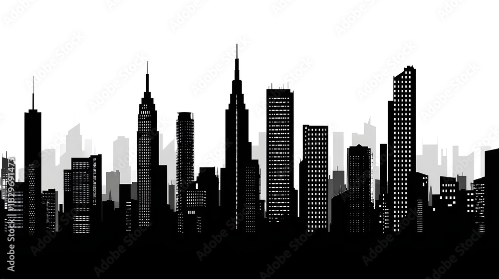 Fototapeta premium Image Black Silhouette Cityscape with Varied Skyscrapers