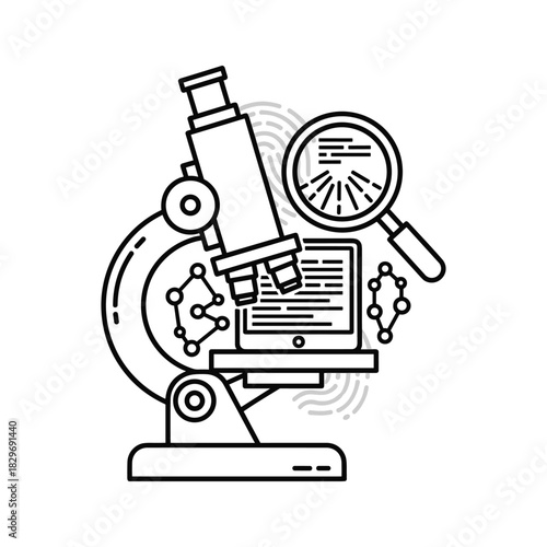 Scientific research and analysis illustration with microscope, magnifying glass