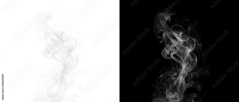 Fototapeta premium Vertical plume of white smoke rising against black and transparent backgrounds