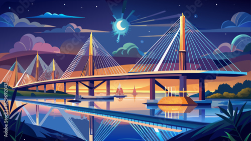 Very beautiful nighttime scene of an illuminated modern cable-stayed bridge reflecting on calm coastal waters, showcasing elegant lines, warm lights, and a peaceful Charleston shoreline under a clear 