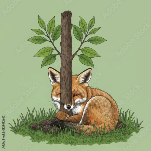 Fox resting peacefully beside a small tree with green leaves and grass.