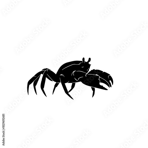 Black silhouette of a crab with prominent claws, depicted in a side profile view on a white background.