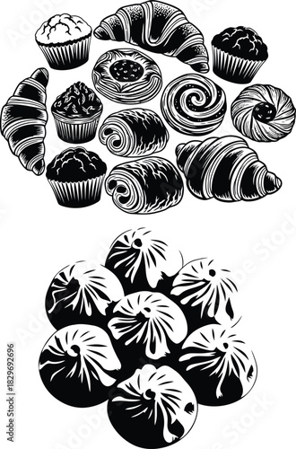 Black and white pastries and buns illustration for culinary design