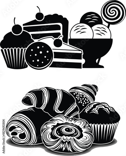 Black and white vector illustration of various desserts