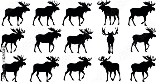 Black Moose Silhouette Vector Icons Set, Majestic North American Wildlife Animal Graphics with Large Antlers for Wilderness, Nature, Hunting, and Outdoor Design