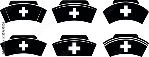 Black Nurse Cap Silhouette Vector Icon Set Collection Showing Traditional Women's Medical Headwear with a Cross Symbol for Healthcare, Hospitals, and Professions