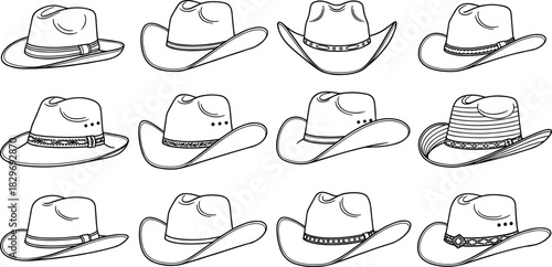 Black Outline Cowboy Hat Vector Icons Set, Western Style Headwear Drawings for Ranching, Wild West, Rodeo, Texas, and Country Music Graphics Design