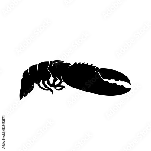 A striking black silhouette of a lobster with a prominent claw, depicted in profile on a clean white background.