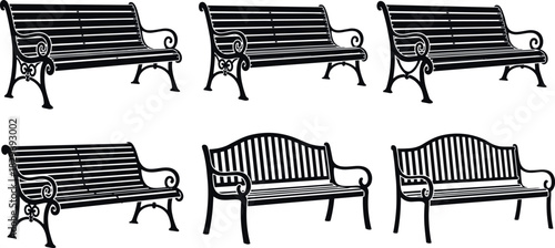 Black Park Bench Silhouette Vector Icons Set, Classic Wooden and Cast Iron Seat Graphics for City Park, Garden, Outdoor Furniture, and Public Seating Design