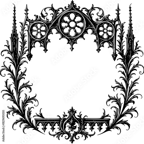 round gothic ornamental frame featuring elaborate pointed arches, quatrefoil tracery, and flourishing botanical motifs forming an ornate circular border in detailed black vector style