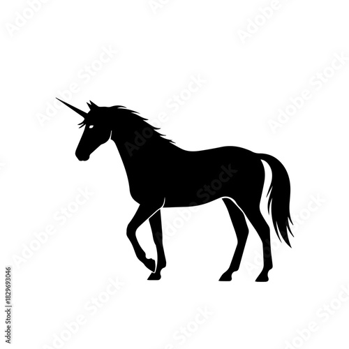 Black unicorn silhouette standing with a raised leg on a white background.