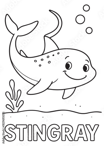 coloring book Stingray – a smiling stingray gliding over the seabed
