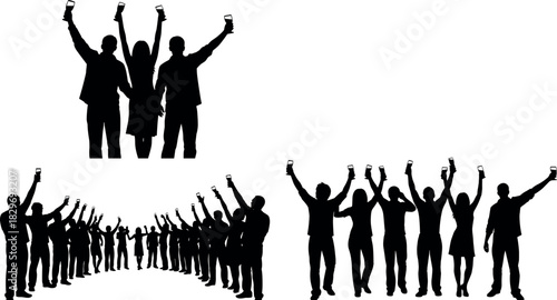 Black Silhouette Crowd Recording Vector Set, People Holding Up Smartphones to Film Event, Concert, or Show for Social Media, Technology, and Live Stream Graphics