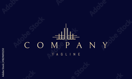 A vector golden logo featuring an abstract image a linear house in an Eastern style with curved roofs and clean minimal geometric contours.