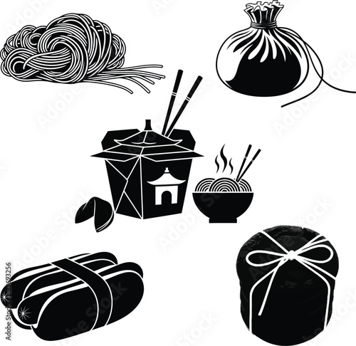 Asian food takeout collection black and white vector illustration