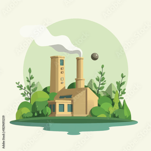 Industrial factory building with smoking chimneys surrounded by lush green trees.
