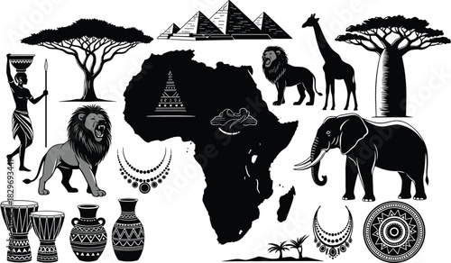 African heritage illustration, continent silhouette, wildlife animals, cultural symbols, trees, pottery, jewelry, black vector, traditional design, nature icons