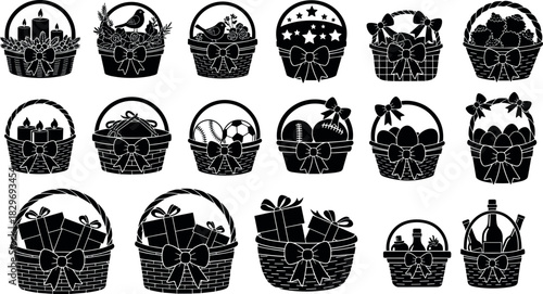 Black Silhouette Gift Basket Vector Set, Collection of Holiday Hampers, Easter Baskets, Sports, and Wine Gifting Icons Isolated on White