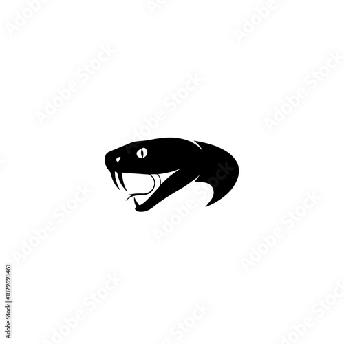 Striking black silhouette of a snake's head with visible fangs and an open mouth, against a clean white background.
