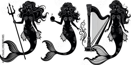 Black Silhouette Mermaid Vector Set, Mythical Siren Characters with Trident and Harp, Featuring Wavy Hair and Intricate Fish Tails for Ocean Fantasy and Magic Design